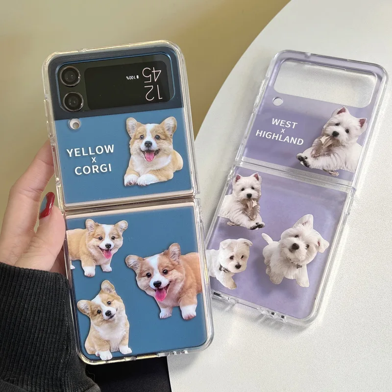 Cute Corgi Highland Dog Phone Case for Samsung Galaxy Z Flip 4 3 Hard Cover for ZFlip3 Zflip4 Flip5 Solid Shell Bracket