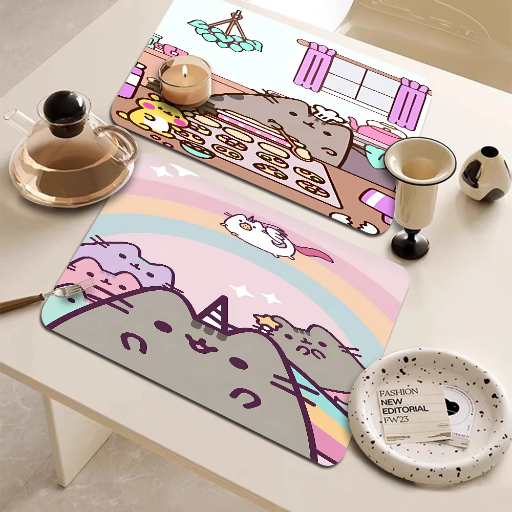 Cartoon P-Pusheen Cute Cat Super Absorbent Coffee Mat Dish Draining Mat Large Kitchen Drying Mat Quick Dry Drain Pad Kitchen