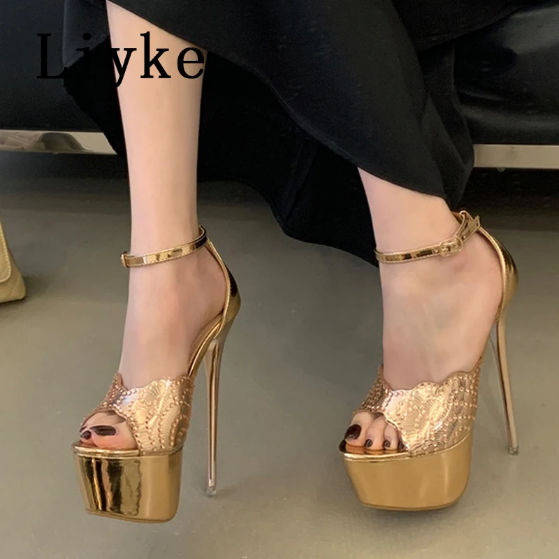

Liyke Fashion Design Inlay Rhinestone Pineapple Sexy Gold High Heels Party Prom Shoes Summer Peep Toe Platform Sandals Women