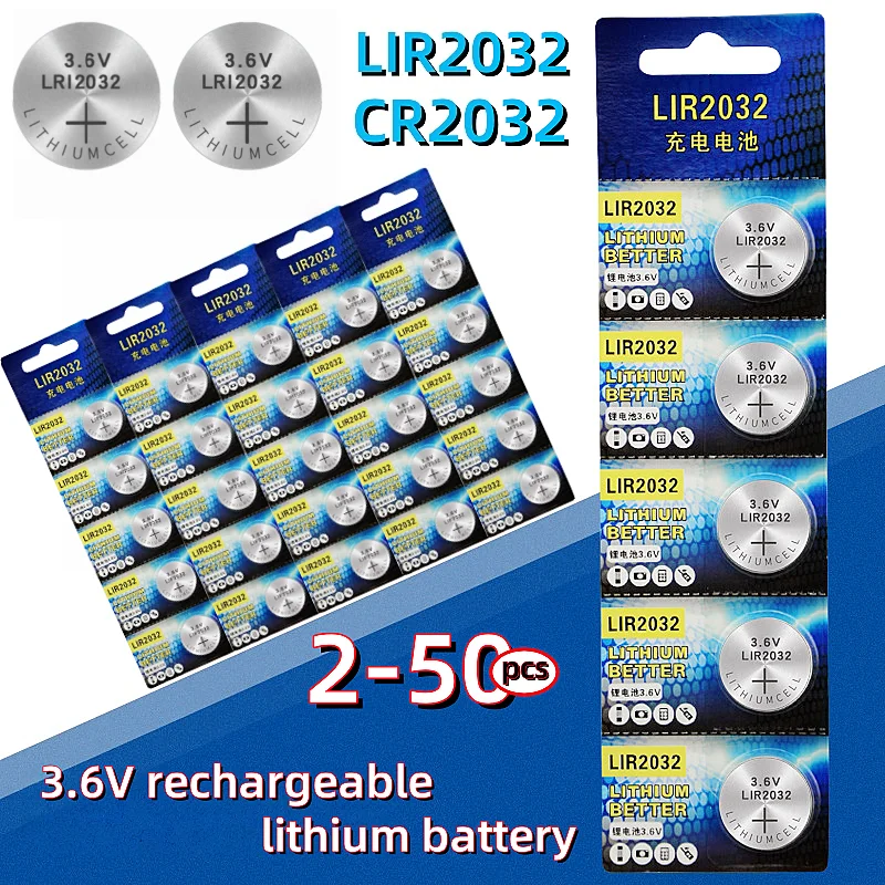 2-50PCS Rechargeable LIR2032 Lithium Coin Battery 3.6V 40mAh for Watches Calculator Toys, Replace CR2032 Button Batteries