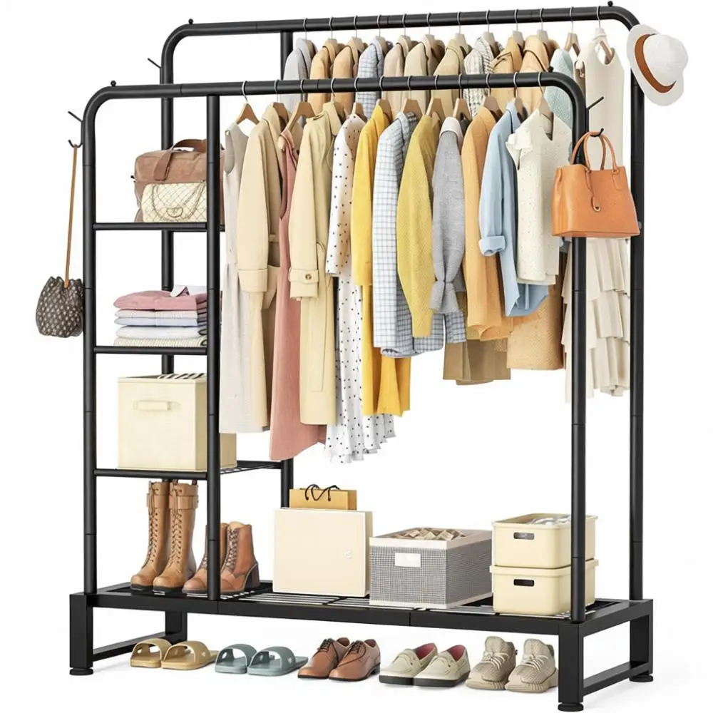 

Double Rods Clothes Rack, 4 Tier Storage Shelves, Heavy Duty Clothes Organizer, Hooks, Bedroom Wardrobe Closet, Shop, Black