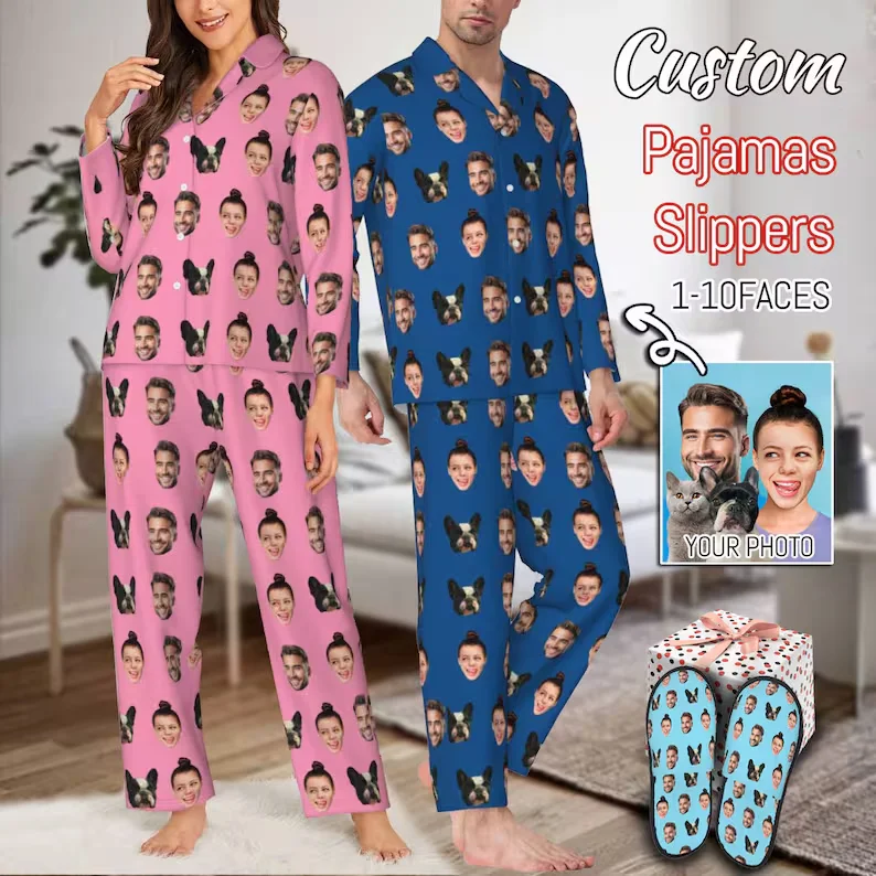 

Custom Pet Dogs Cats Pajamas Set Personalised Photo Pyjamas Face Pajamas, Anniversary Party Gift Pjs Custom Family Gift