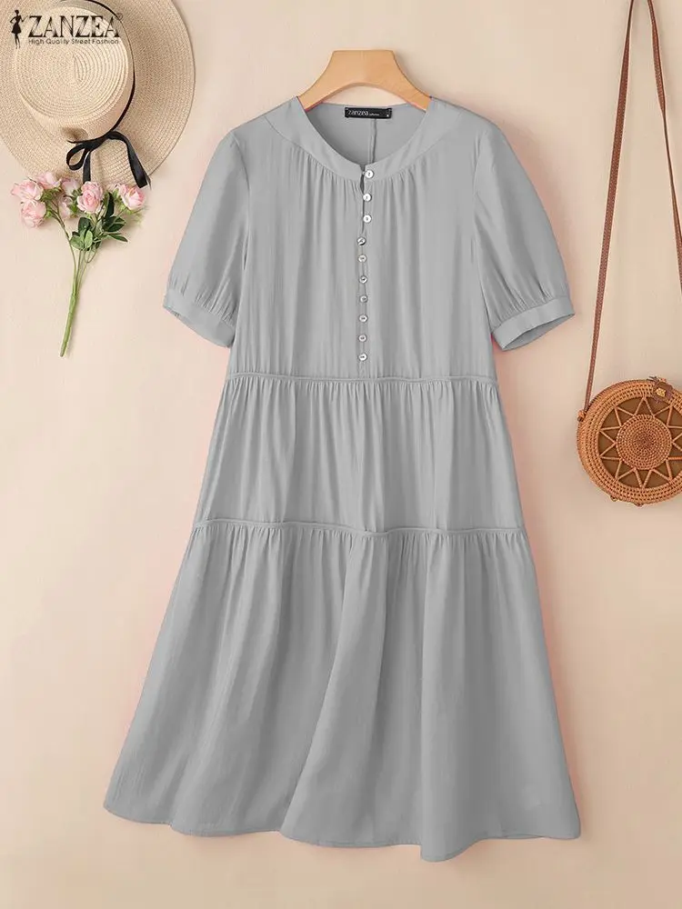 Zanzea 2026 verão vestido de verão elegante feminino manga curta ol vestidos de trabalho sólido vestido plissado casual o pescoço botão para baixo midi robe