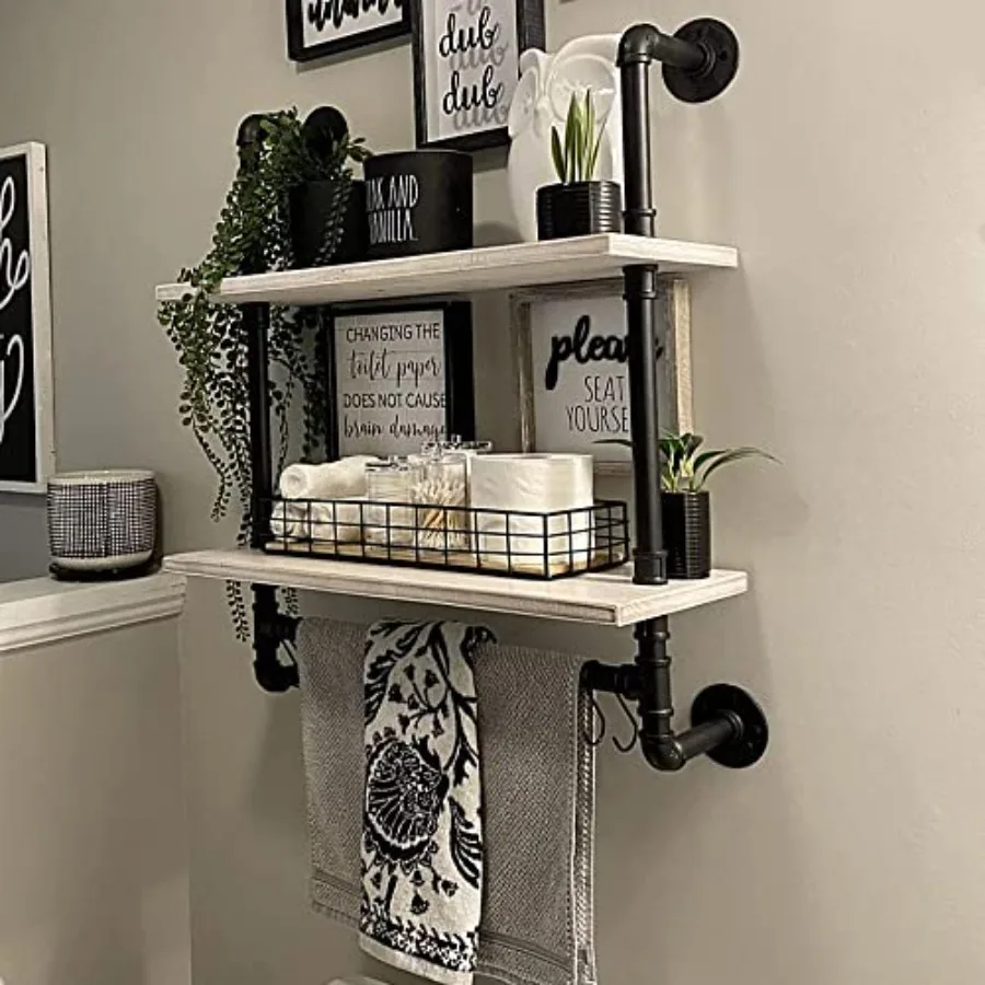

Floating Shelves for Wall Bathroom Industrial Pipe Shelving Wall Mounted Shelves with Towel Bar Hooks Coffee Bar Shelves Wine H