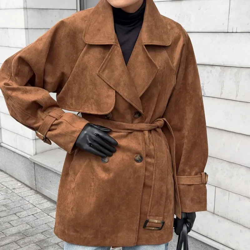 

Autumn Winter Women's Brown Suede Trench Coat Double Breasted Fashion Design Sense Temperament Faux Leather Top Jacket