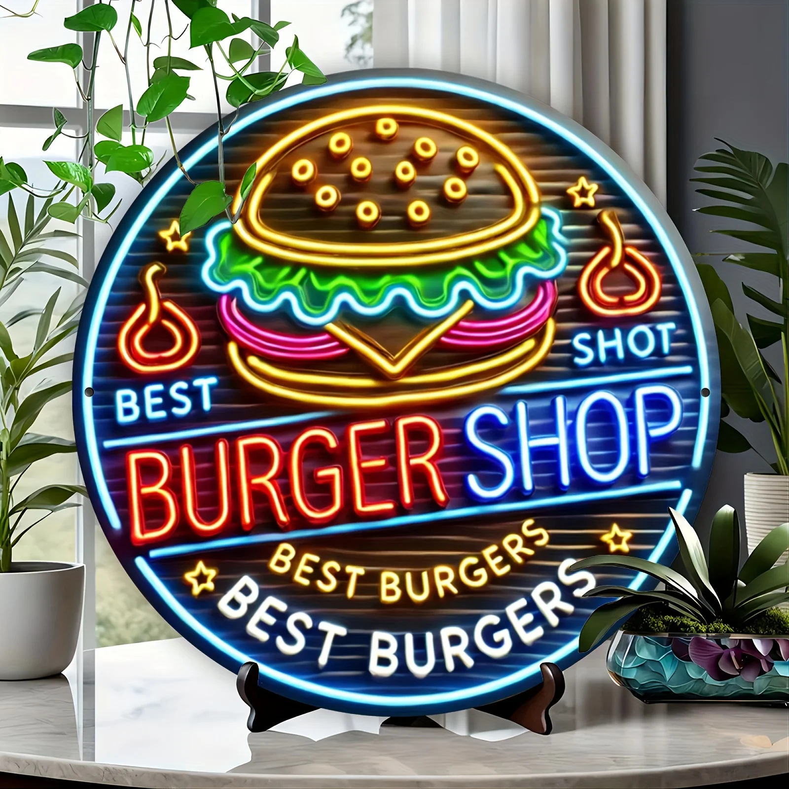 1pc of a Vintage-Style 2D Printed Metal Aluminum Sign for a Burger Shop, Measuring 20X20 Cm, Featuring a Colorful Design That Sa