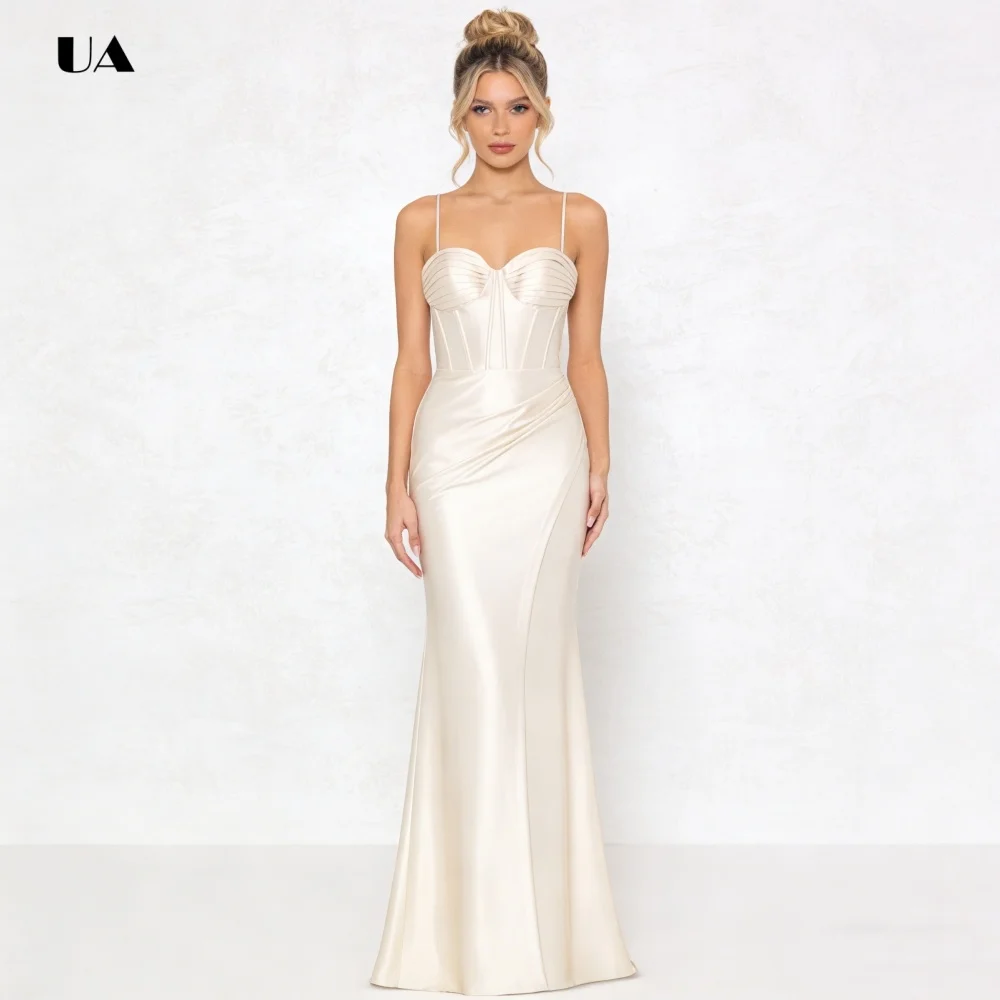 Vestido de fiesta de sirena simple con correa de espagueti, vestido de noche de satén plisado liso, vestido de fiesta personalizado con cuello de corazón