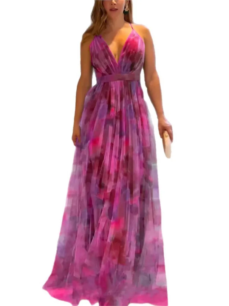 Woman's Elegance Party Prom Long Dress Summer Fashion Print Sexy Deep V-neck Sling Dresses Ladies Foreign Style Big Hem Vestidos