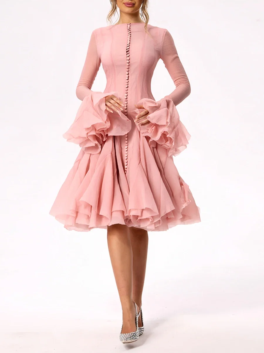 

Women's Dress Irregular Pleated Patchwork Fashion Long Lantern Sleeve Waist Cinching Mini Dresses 2025 New Clothing