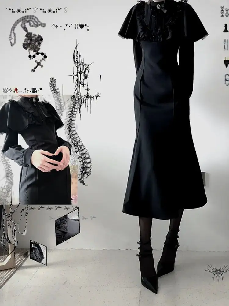 Halloween Vampire sous-culture Style gothique foncé à manches longues robe cape femmes automne Y2k mode moulante sirène longue robe 2025