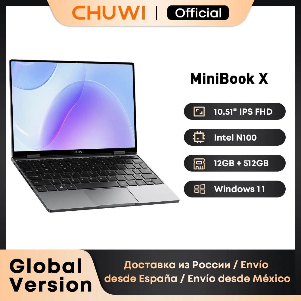 CHUWI MiniBook X Laptop Tablet PC 2 In 1 12GB LPDDR5 512G SSD Intel N100 10.51 Inch FHD IPS Screen 1920*1200 Windows 11 Notebook