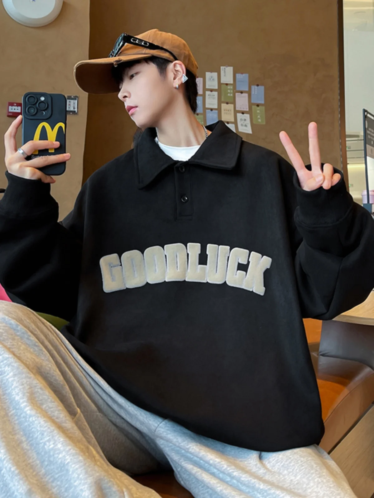 

Vintage Suede Sweatshirt Collar Men's Spring Autumn American Retro High-End Feelings Turn Collar Jacket Casual Loose Fit