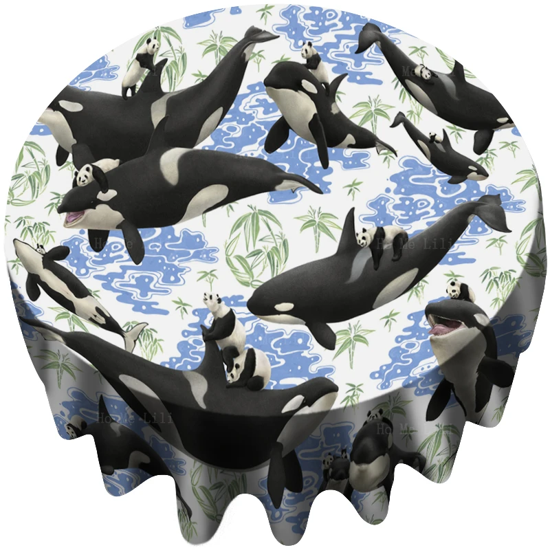 Panda On Orcas Back Funny Hybrid Captives Poster Cartoon Animal Creative Round Tablecloth By Ho Me Lili For Tabletop Decor