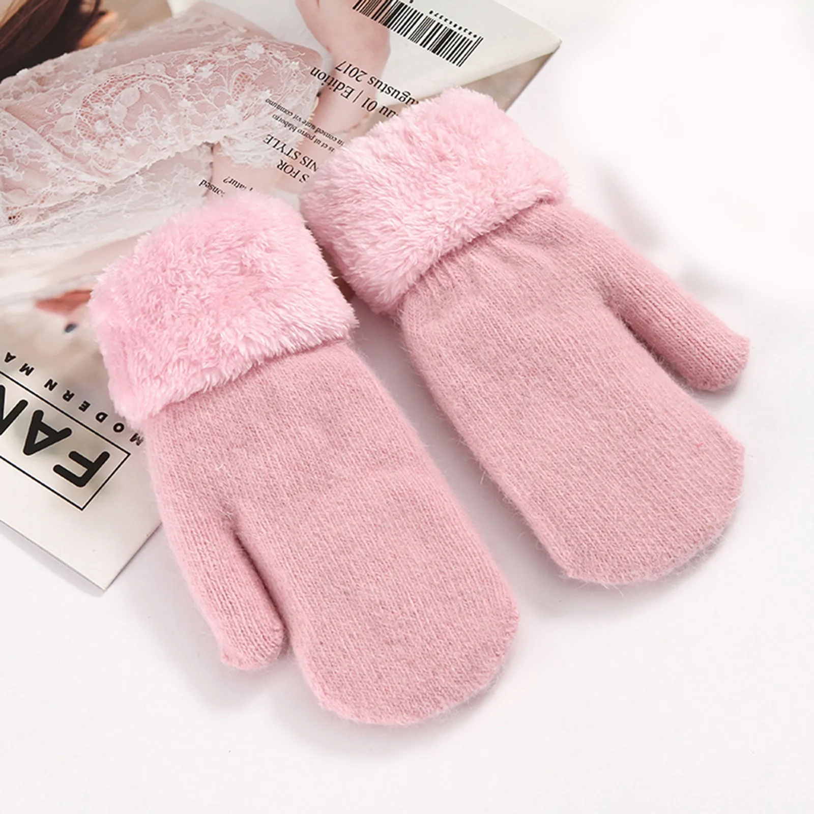 

Female Winter Plus Velvet Thicken Double Layer Plush Full Finger Driving Gloves Korean Women Wool Cashmere Knit Warm Mitten