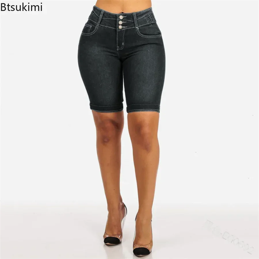 New 2024 Women's Summer Oversized Denim Shorts High Elastic Slims Bodycon Knee Length Shorts Skinny Denim Shorts Female Jeans