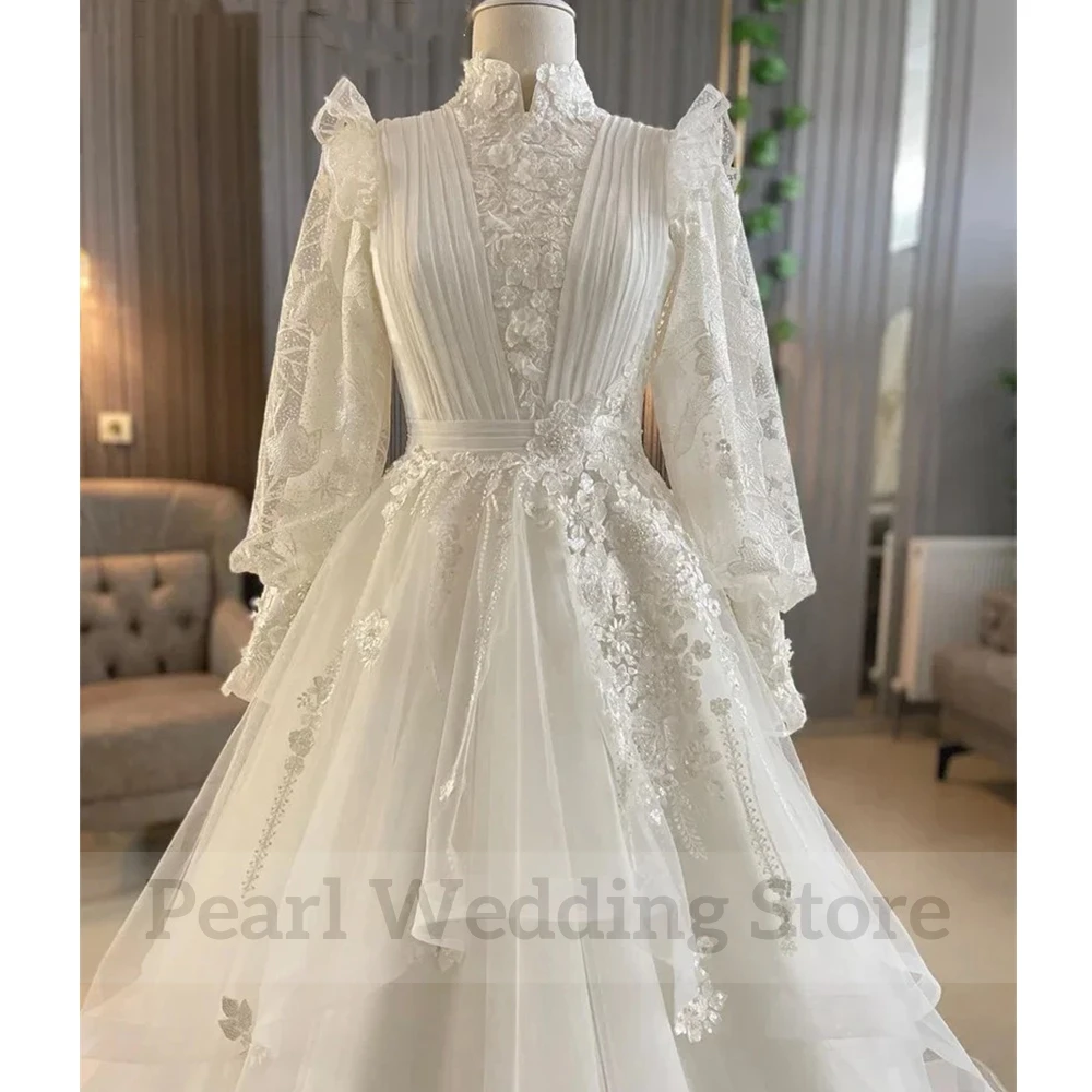 Vintage Irregular Tiered A-Line Wedding Dress High Neck Long Sleeves with Pleat and Applique Custom Made Bridal Gowns Robe