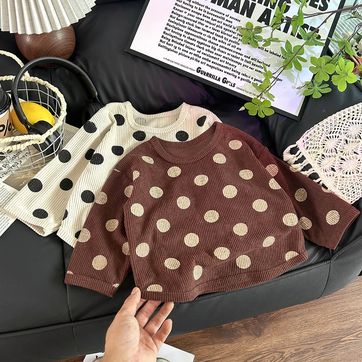 Kids Polka Dot Long Sleeve Shirt Korean Style Autumn Baby Casual Bottoming Shirt for Boys Girls Round Collar Knitted  Clothes