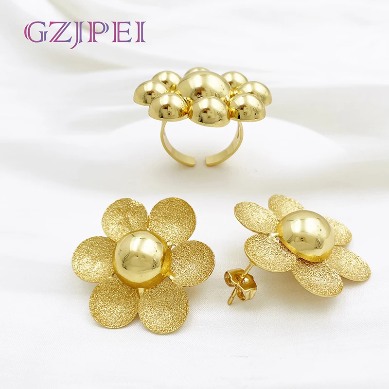 

Gold Color Earrings And Ring Set For Women 24K Gold Plated Folower Design Luxury Dubai Jewelry Set 2PCS