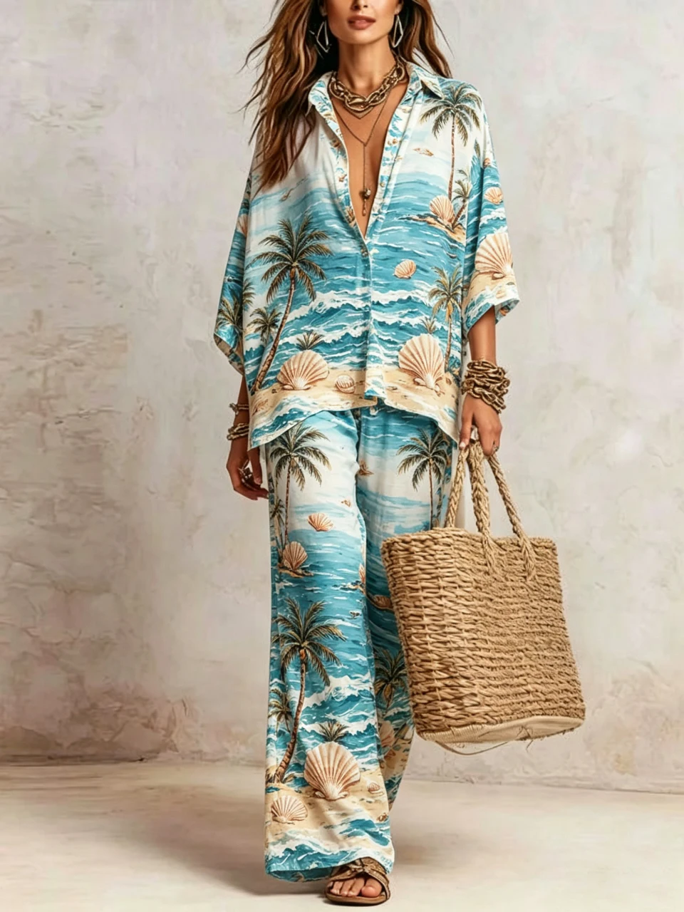 

Beach Palm Tree Print 2 Piece Set Women Summer Lapel 3/4 Sleeve Shirt Top & Wide Leg Pant Streetwear Loose Trousers Suit