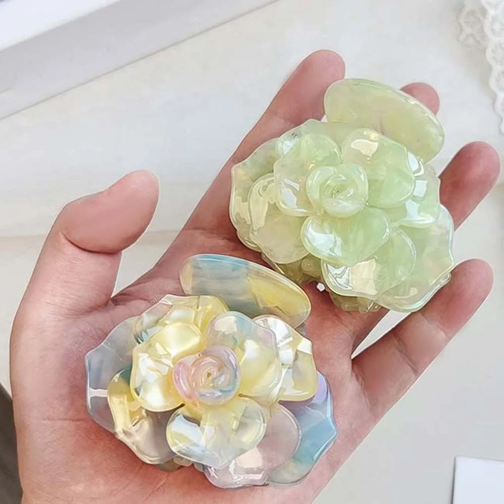 

Elegant Camellia Hair Claw Korean Style Gradient Color Flower Shark Clip Waterproof Hairgrips Acetic Acid Hair Claw Women