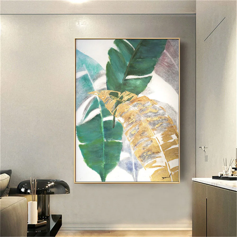 100% Handmade Wall Painting Gold Banana Large Canvas Wall Art Retro Feather Oil Paintings Artwork For Home Hotel Stairway Decor