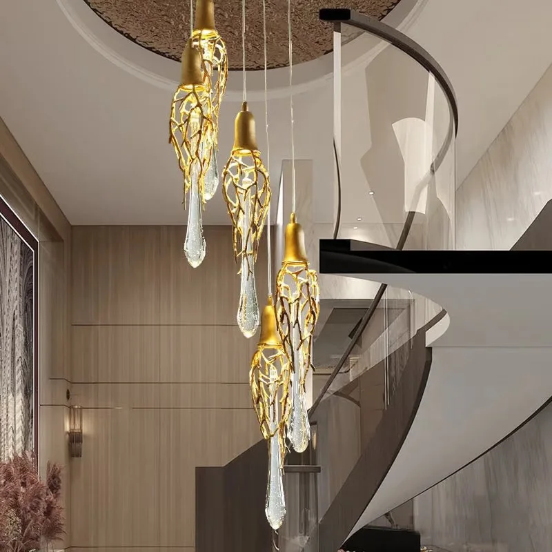 

American LED brass twig bubble crystal chandelier for stairwell, villa living room decoration, duplex pendant light