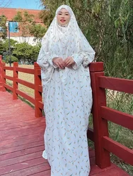 Jilbab for Women One Piece Prayer Dress Printed Muslim Abaya with Integrated Veil Hijab Ramadan Islamic Clothes Dubai Djellaba