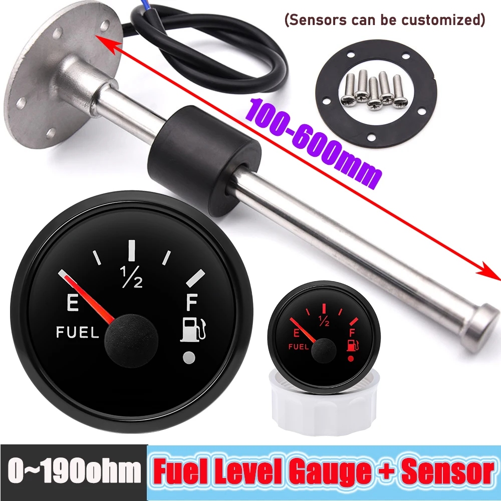 0-190Ohm Water Float Sensor+Water Level Gauge Waterproof IP67 52mm Water Tank Meter Indicator with Red LED For Car RV Camper