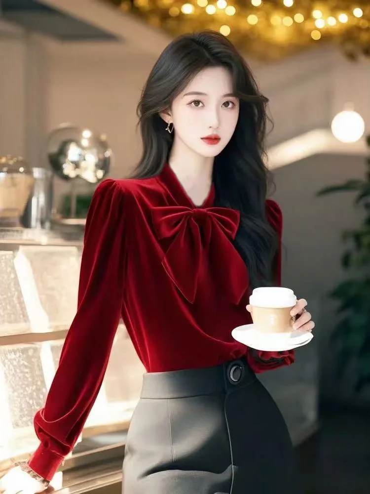 

Ele Red Velvet irt Женская осенне-зимняя основа с узлом и завязками на топе Роскошный длинный винт V-ne Long Sve Casual irt