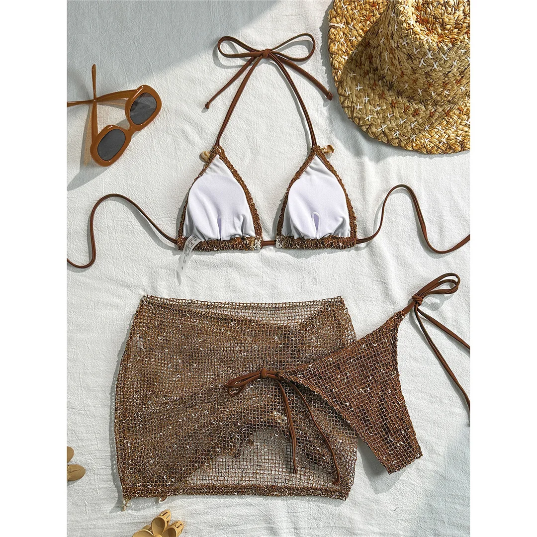 Mit Rock, gewelltem Ausschnitt, Neckholder-Bikini, Damen-Badebekleidung, dreiteiliges Bikini-Set, gepolsterter Badeanzug, Badeanzug, Schwimmanzug V8482 – Detail 5