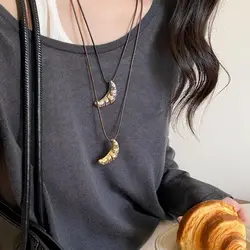 Korean Croissant Pendant Necklace Handmade PU Leather Rope Chain Sweater Chain for Women Jewelry Accessories