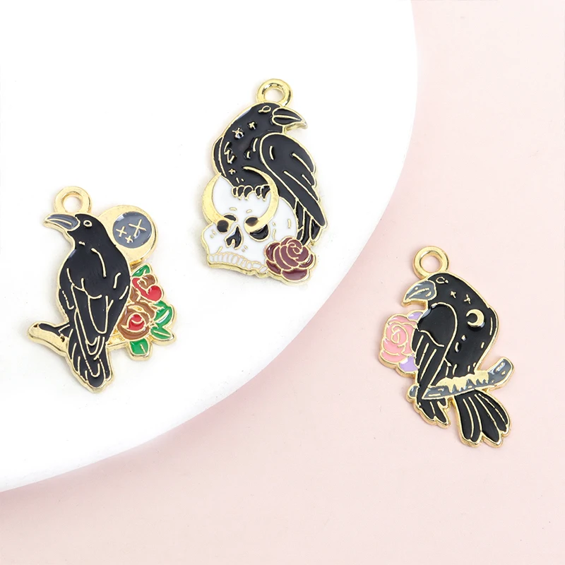 10pcs Retro Punk Style Halloween Black Crow&Roses&Skull Enamel Charms DIY Necklace, Earrings, Bracelet & Keychain Alloy Pendants