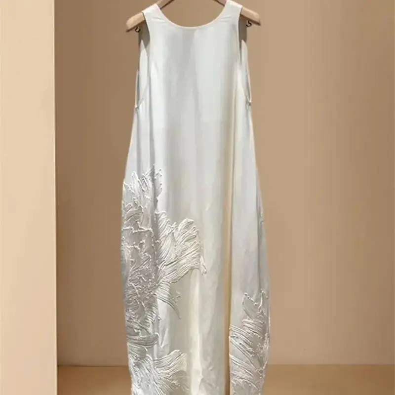 Limiguyue-vestido chaleco de acetato francés para mujer, Vestidos holgados con tirantes bordados, cuello redondo, Espalda descubierta, sin mangas, Mid, F424