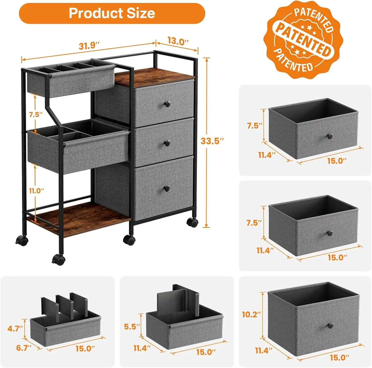 Caddy Organizer and Storage Cart - 3 Tier Rolling Cart with Dividers and Drawers, Easy To Assemble, Mobile Utility Cart