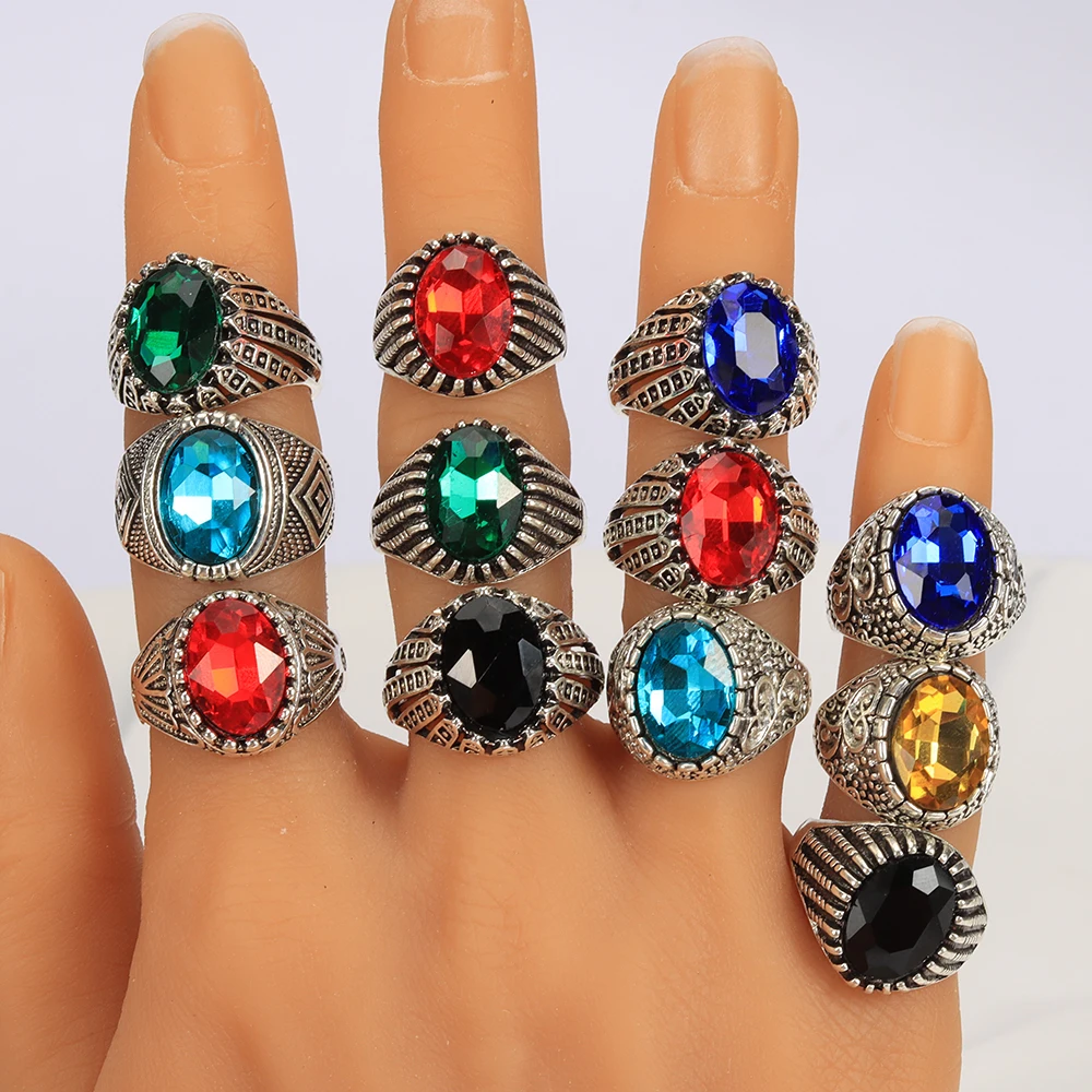 Bulk lots 20pcs Color Mix Big Crystal Stone Vintage Rings for Women Styles Mix Mens Luxury Antique Zircon Stone Rings