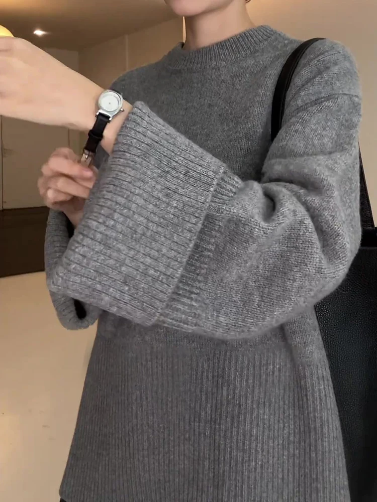 

Высококачественный серый свитер с круглым вырезом, женский осенне-зимний новый толстый свободный кашемировый свитер, топ