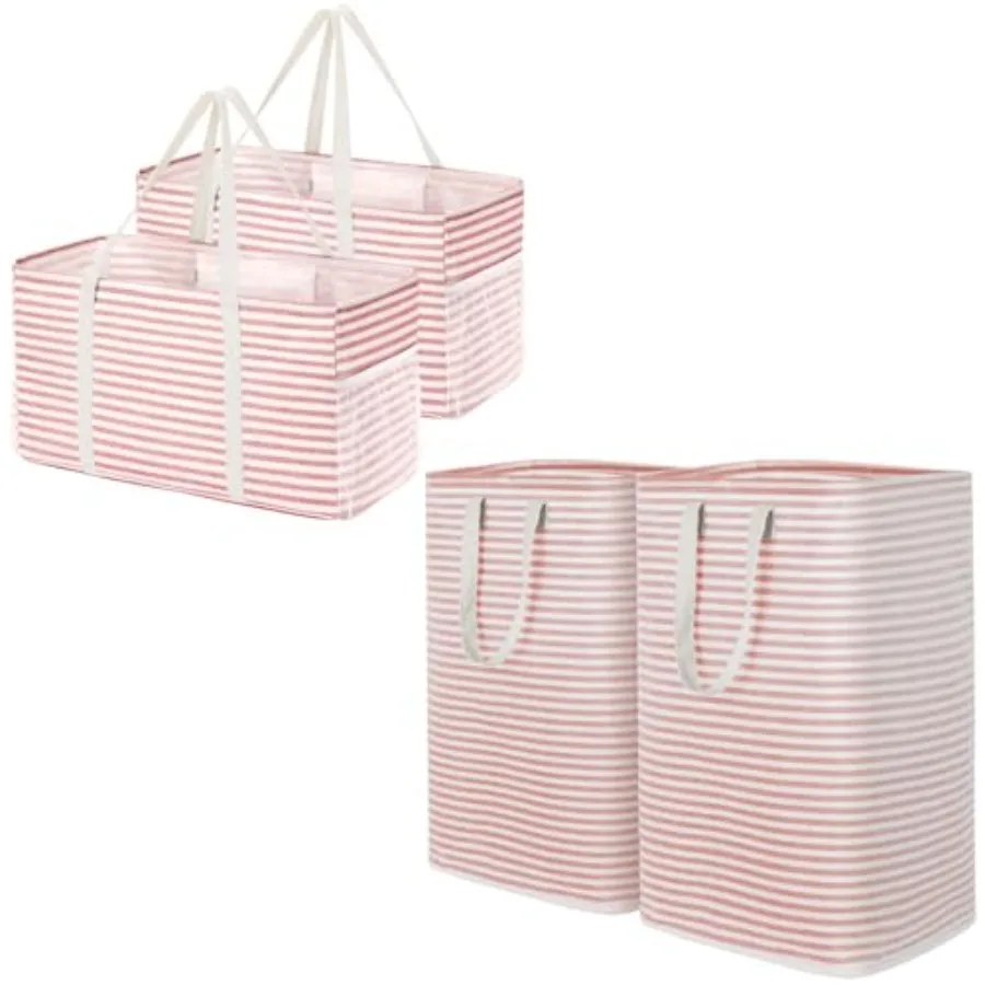 

2 Packs Reusable Grocery Bags with Metal Wire Frame and Handles and 2 Packs Laundry Hamper Large Collapsible Laundry Baskets 80