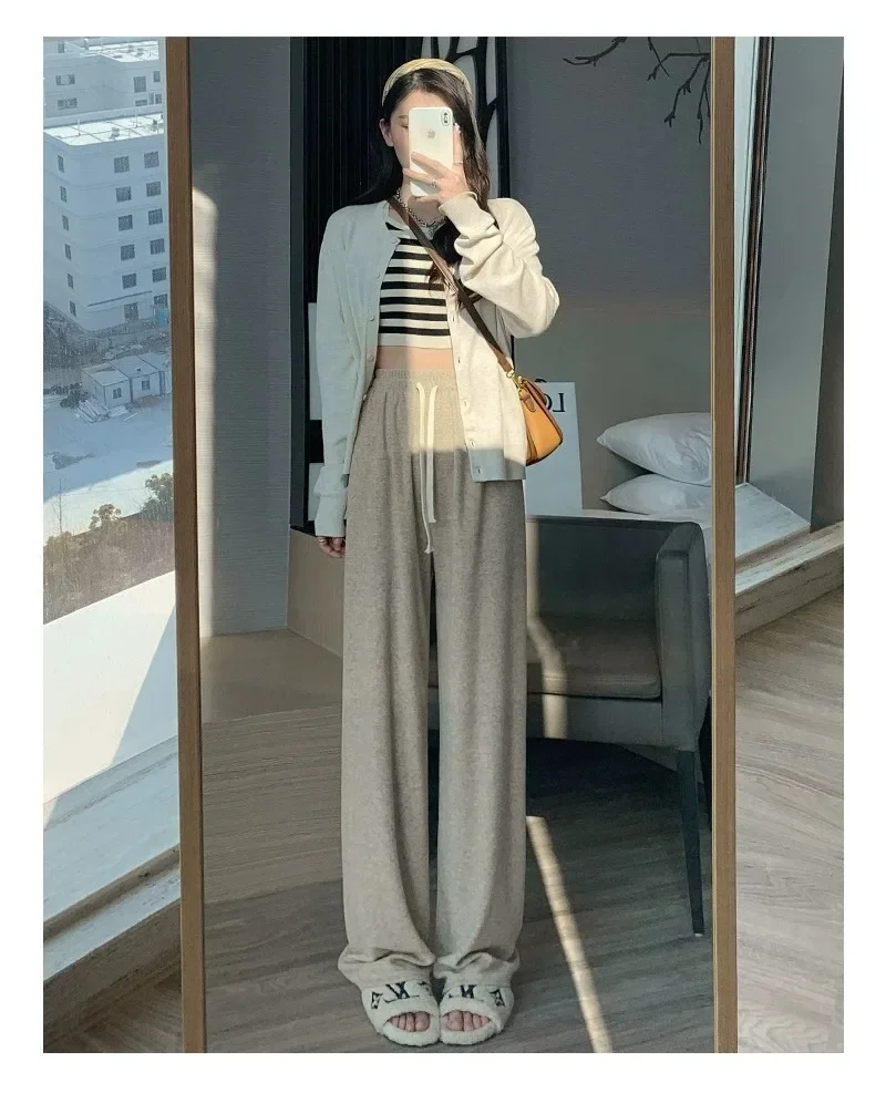 

Y2k New Autumn Gray Lace Up Pants Women Winter Plus Velvet Wide Leg Pants Women's High Waist Straight Warm Loose Black Trousers