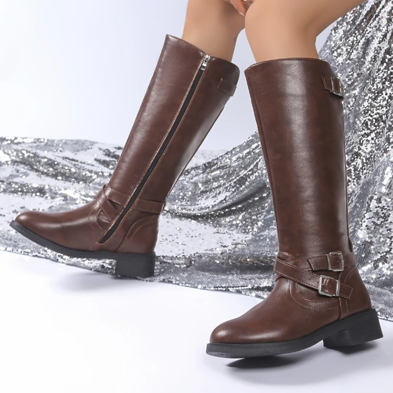 

Vintage Thick Heel Women Knight Long Boots Fashion Slip On Knee High Booties Autumn Winter Belt Buckle Shoes Zapatos De Mujer
