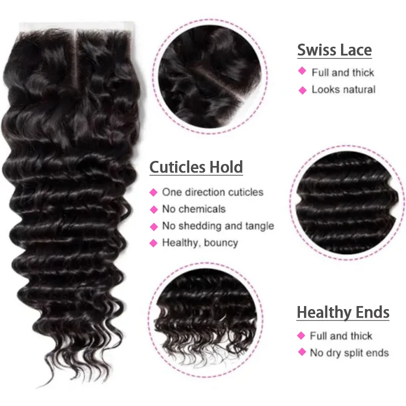 Deep Wave Human Hair Bundles With Closure 4x4 Lace Frontal 3 Bundles Real Human Hair With Closure Extensions 30 Inch For Woman