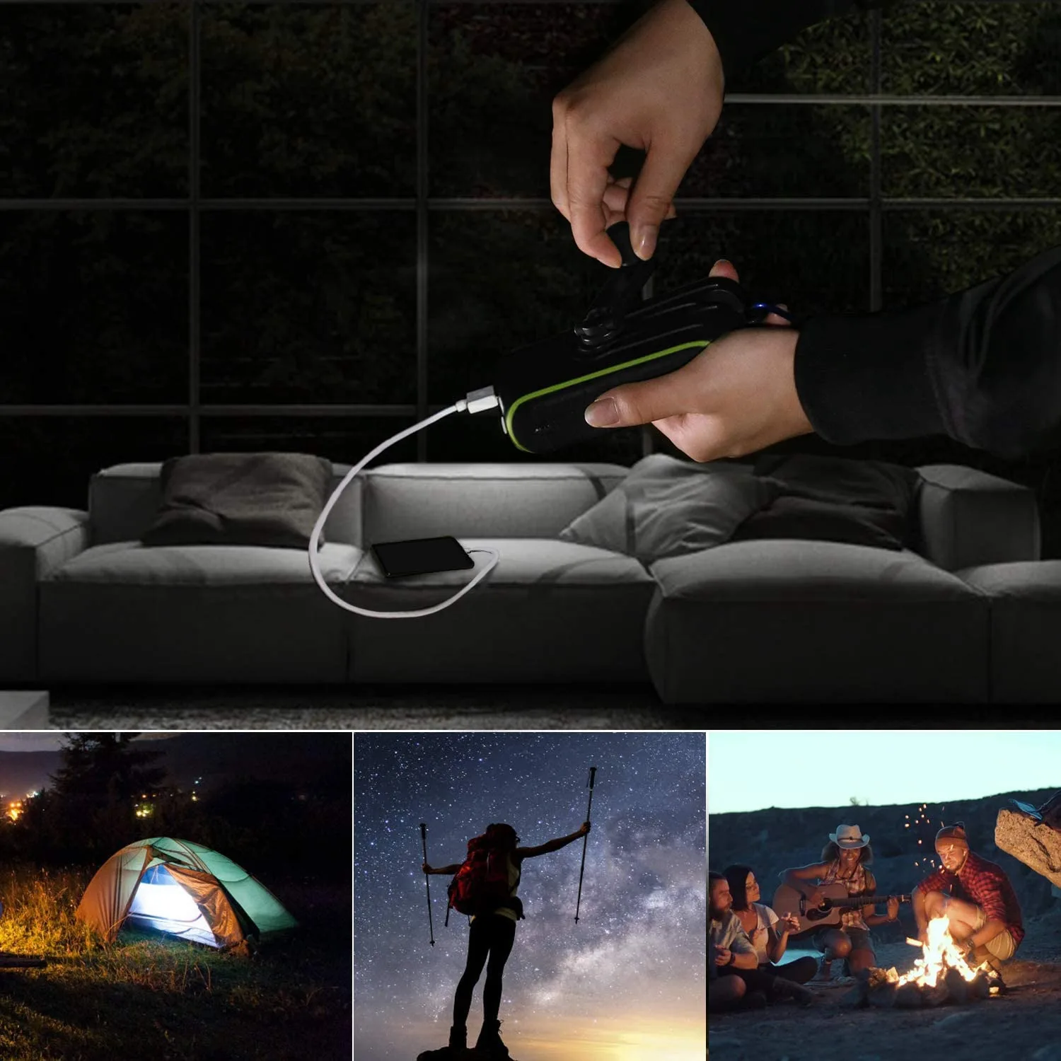 Solar Charger, 8000mAh Portable Hand Crank Phone Charger 2 USB Ports Solar Power Bank with LED Flashlight, Carabiner F