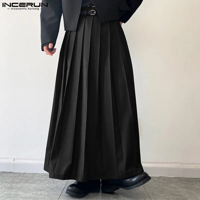 2023 Men Casual Skirts Solid Color Pleated Zipper Loose Trousers Personality Streetwear Leisure Fashion Men Skirts S-5XL INCERUN