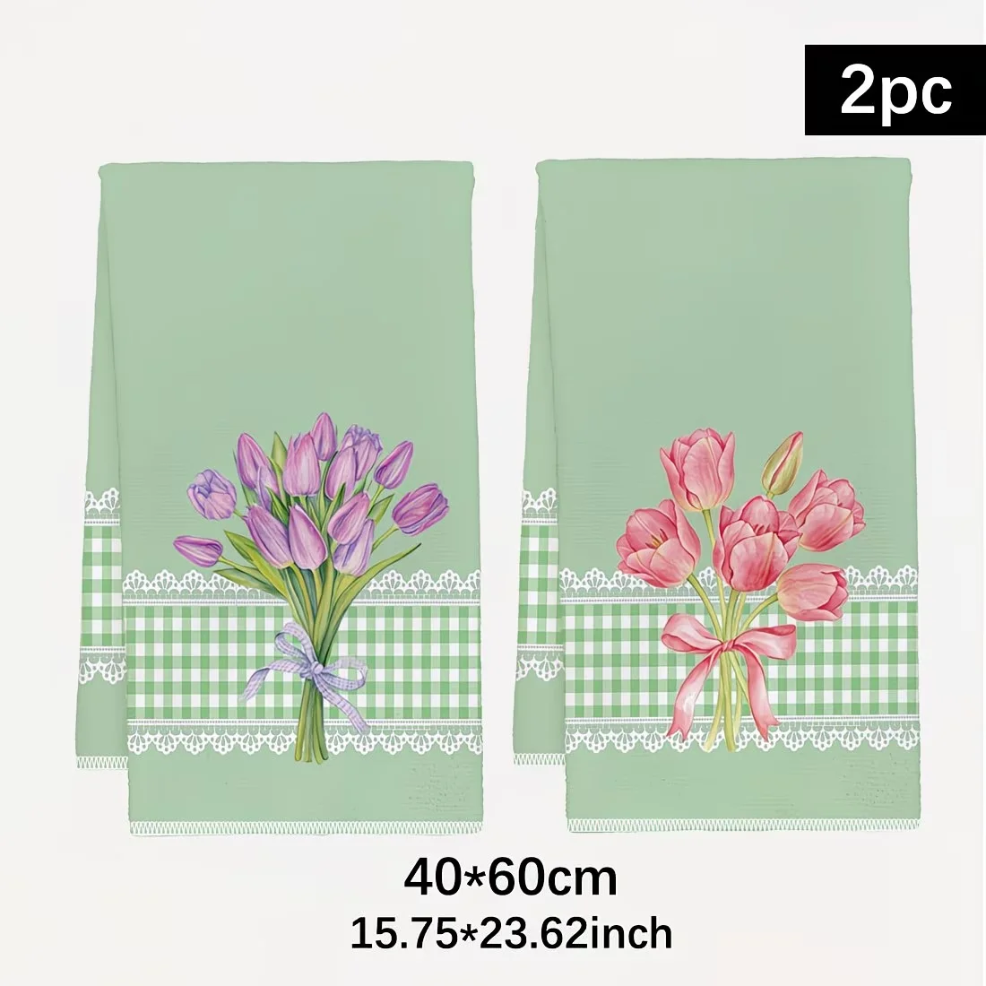 2-Pack Spring Lace-Edged Floral Print Themed Simple Cleaning Cloths for Home Use, Scouring Pads, Dish Towels, Tea Towels, and Placemats, for Washing and Drying Household Items, Soft and Absorbent Drying Cloths, Lint-Free, Non-Fading, and Reusable.