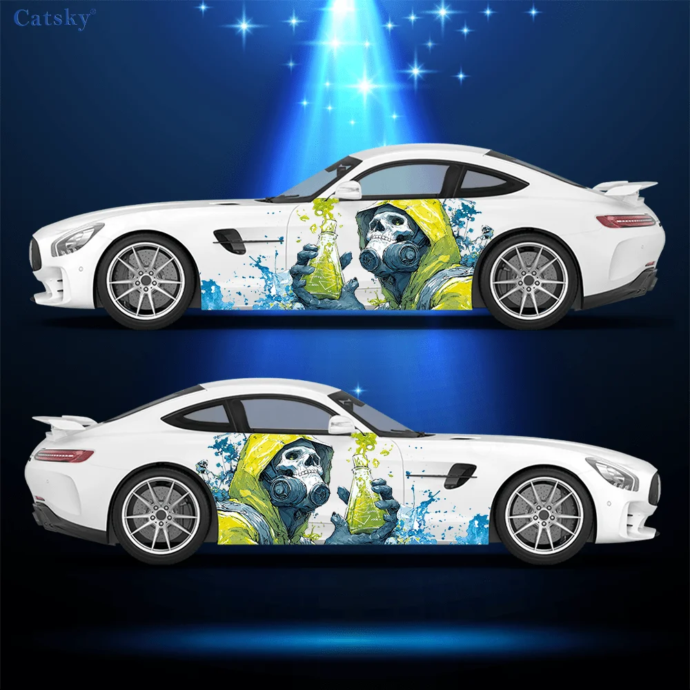 

Toxic Skull with Gas Mask Car Side Car Wraps, Self-Adhesive PVC Waterproof & Scratch-Resistant Stickers, Car Accessory Gift