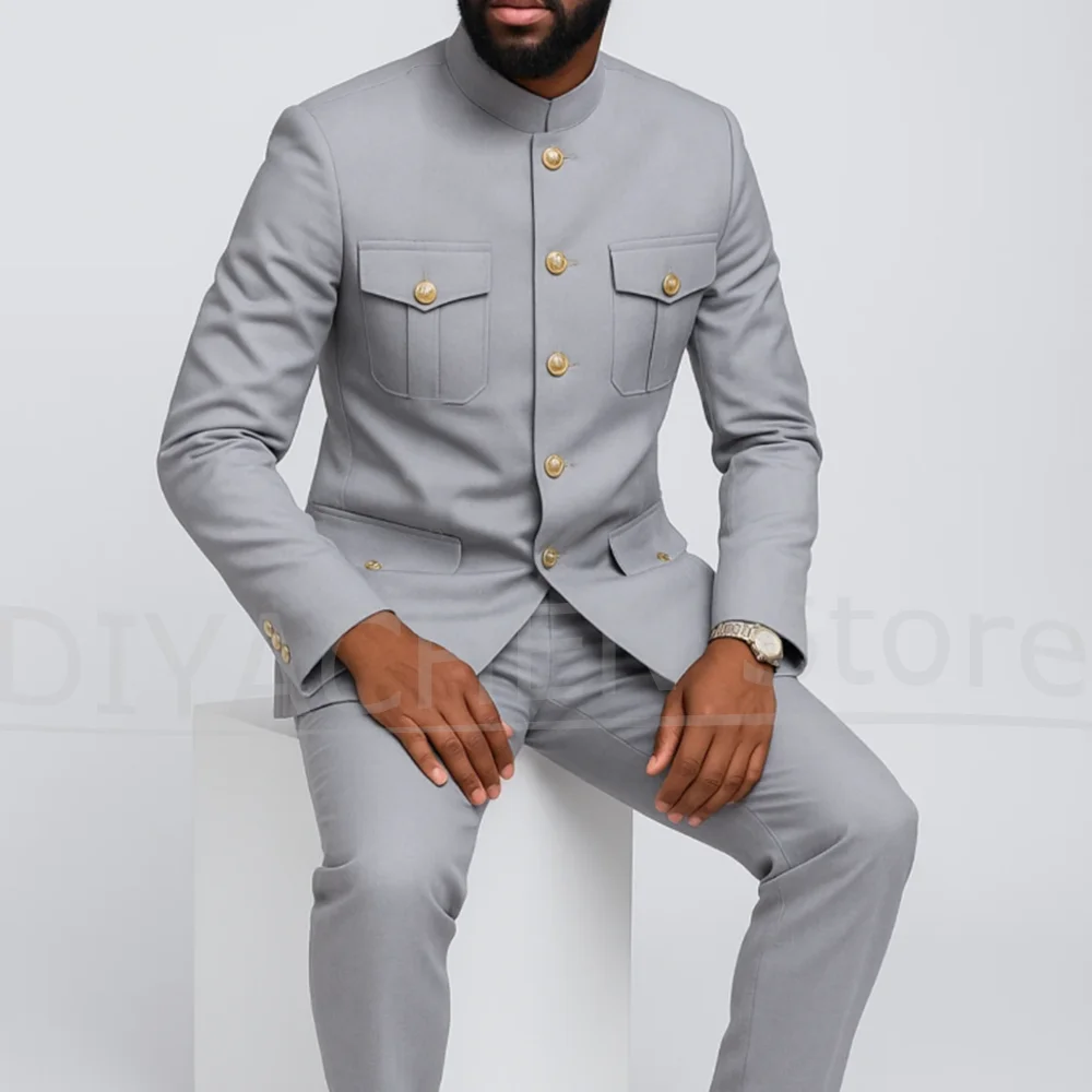 Fashion Stand Collar Men Suits Single Breasted Four Pockets Slim Male Clothing Formal Business Casual Daily Suit 2 Pieces