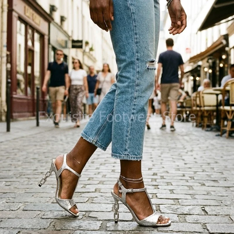 Sandals Sexy Elegant T-strap Gold Silver Snake Pattern Wedding Evening Party Chain Stiletto Ultra High Heels Plus Size Ladies