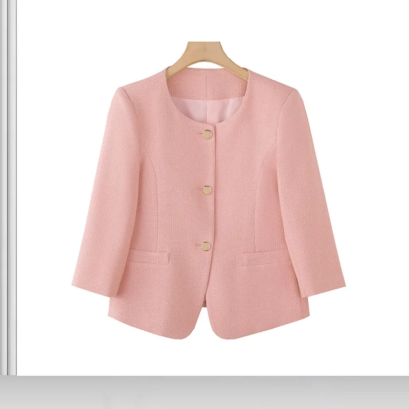 Short Suit Coat Women's Spring and Autumn New Fashion Small Crew Neck Casual Pink Suit Top