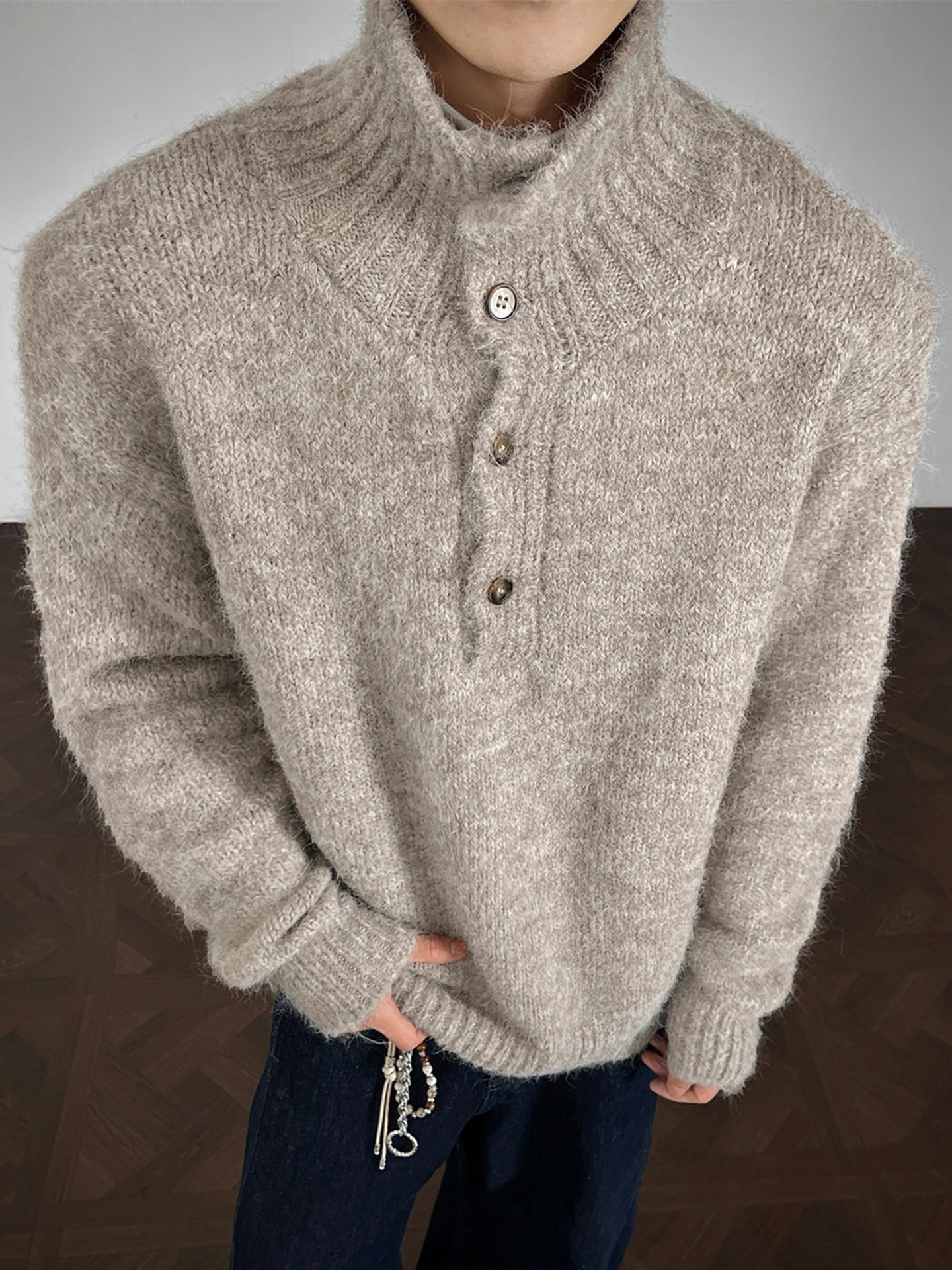 

Мужской свитер свободного кроя с высоким воротом, повседневная зимняя верхняя одежда, удобный, мягкий, из смесового полиэстера, теплый, эластичный материал