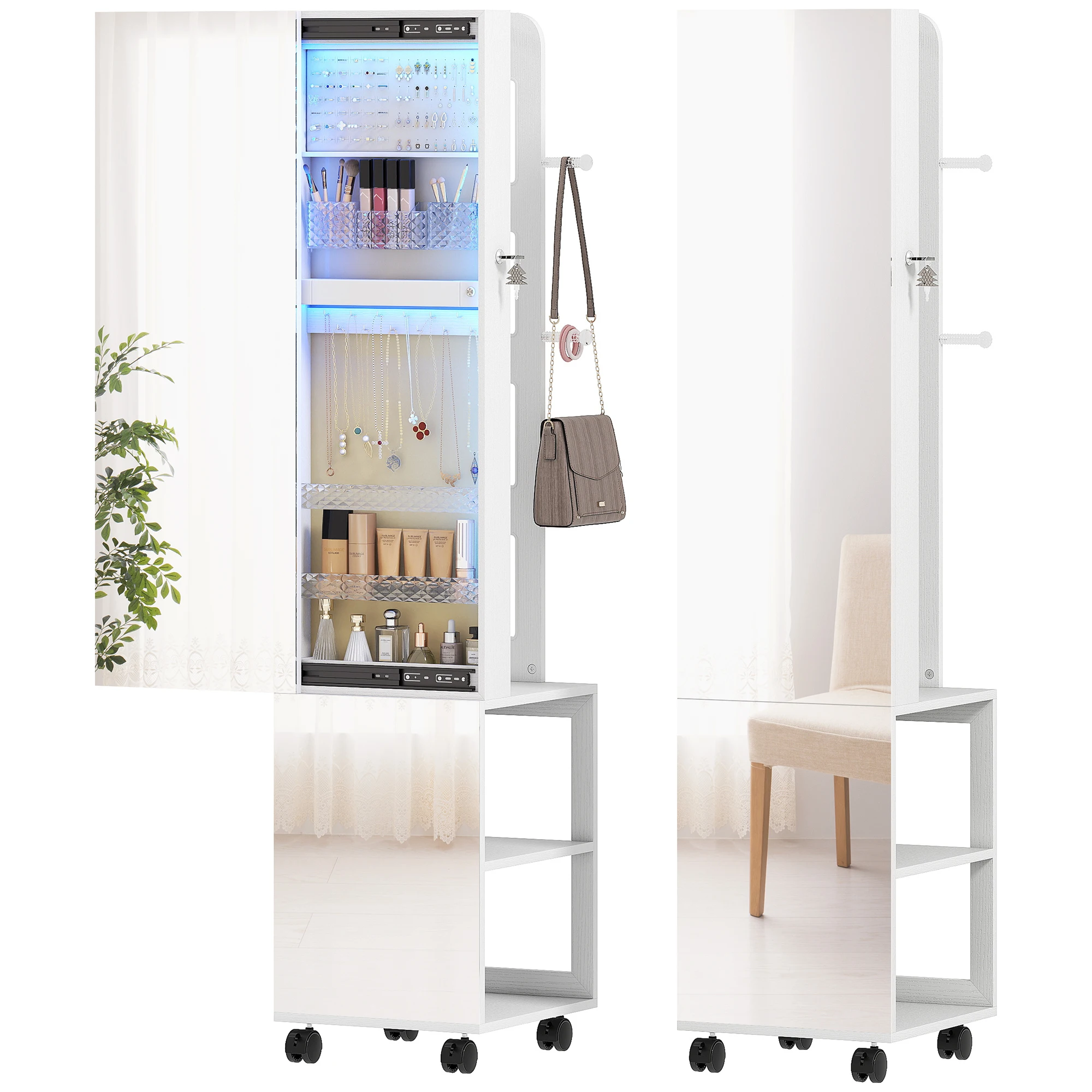 Espejo Joyero con Lumes LED Armoire pour bijoux de Giro de 360° Fermeture et clés Surface Blanc et Forro Beige
