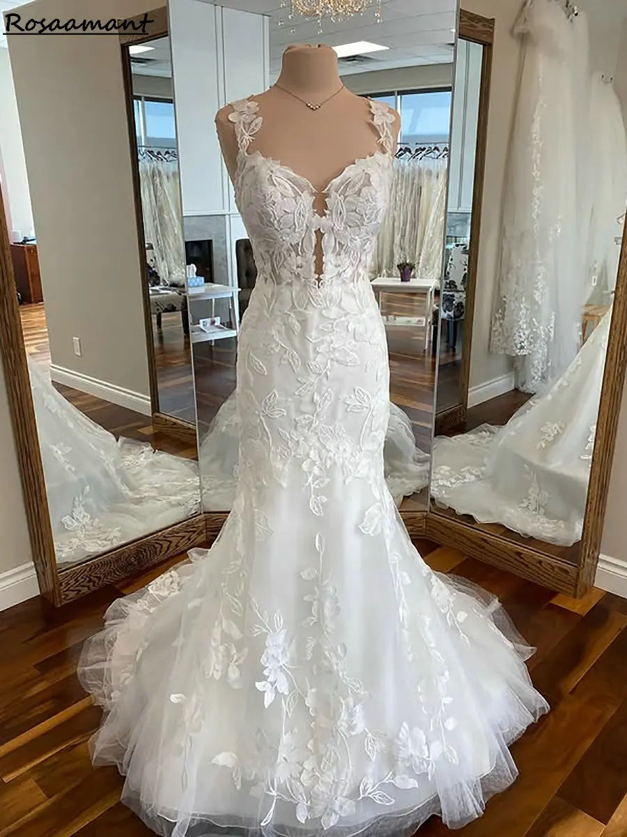 

Charming Spaghetti Straps Sleeveless Mermaid Wedding Dresses Floral Appliques Lace Country Bridal Gowns